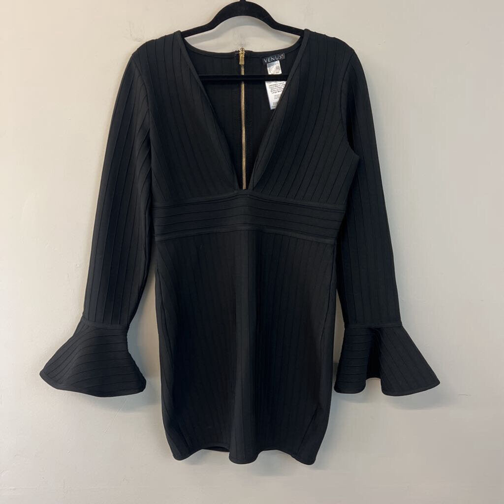 Venus Black Long Sleeve Deep V Bodycon Dress Large
