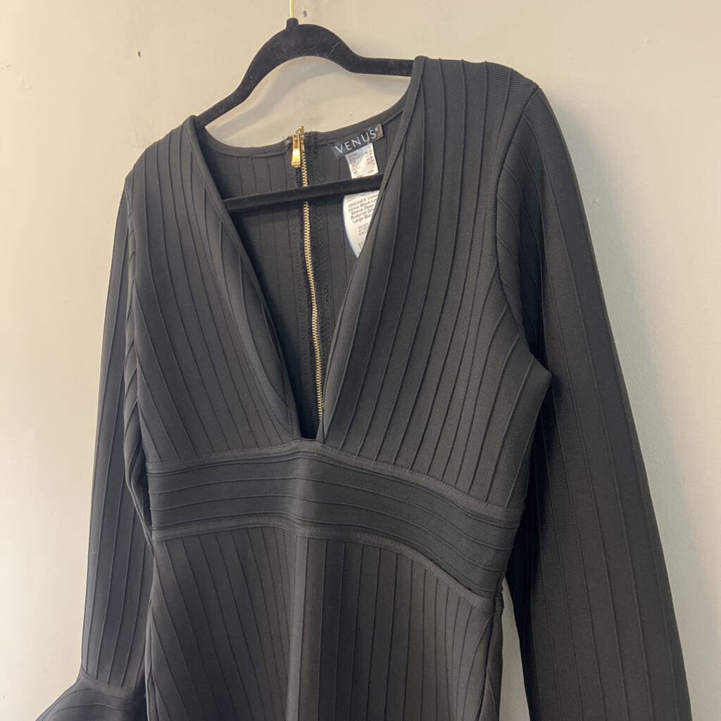 Venus Black Long Sleeve Deep V Bodycon Dress Large