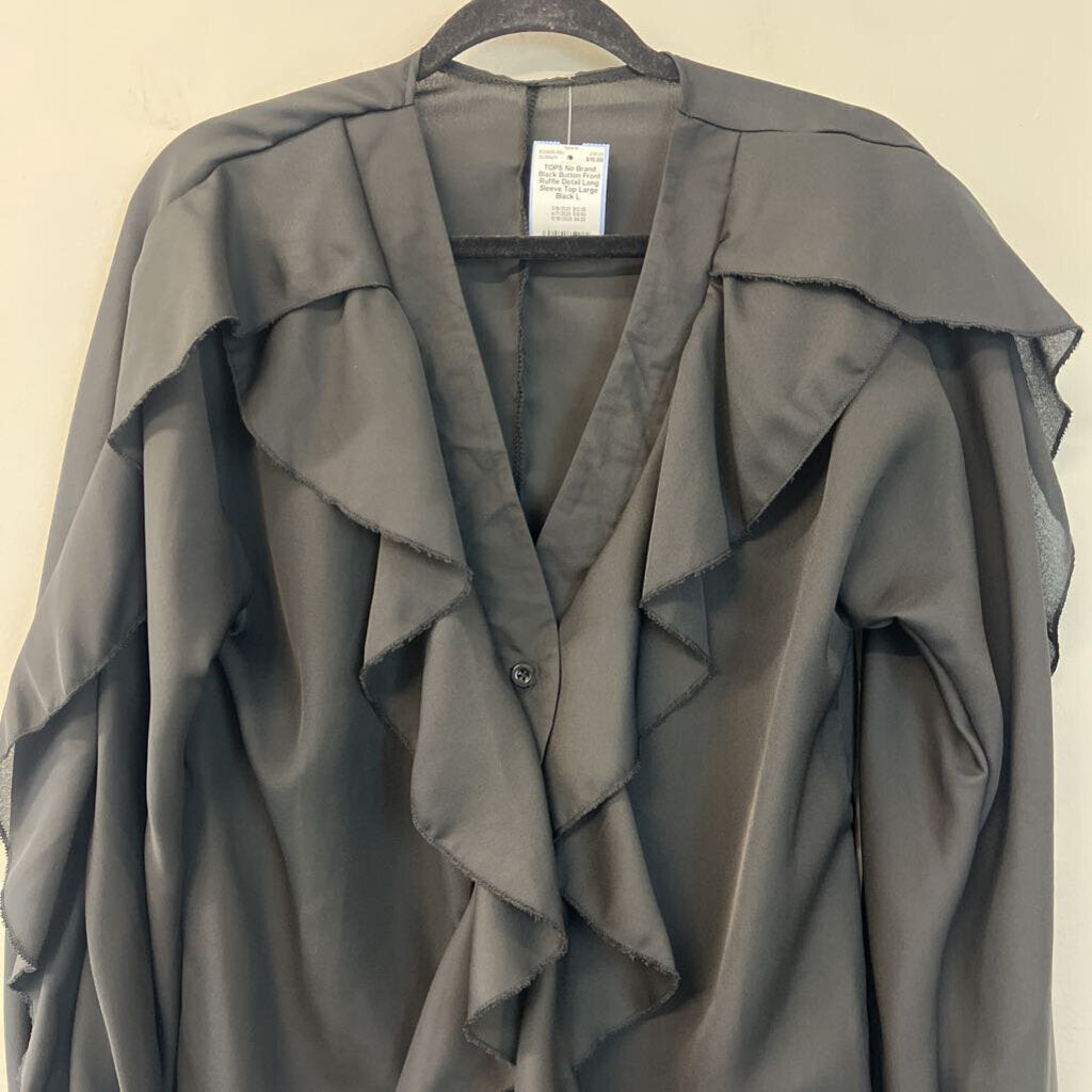 Black Button Front Ruffle Detail Long Sleeve Top Large