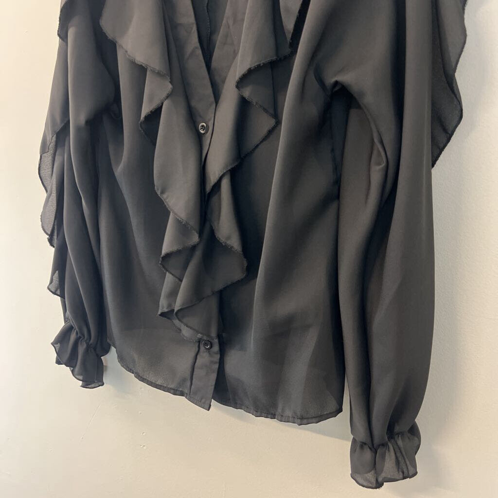 Black Button Front Ruffle Detail Long Sleeve Top Large