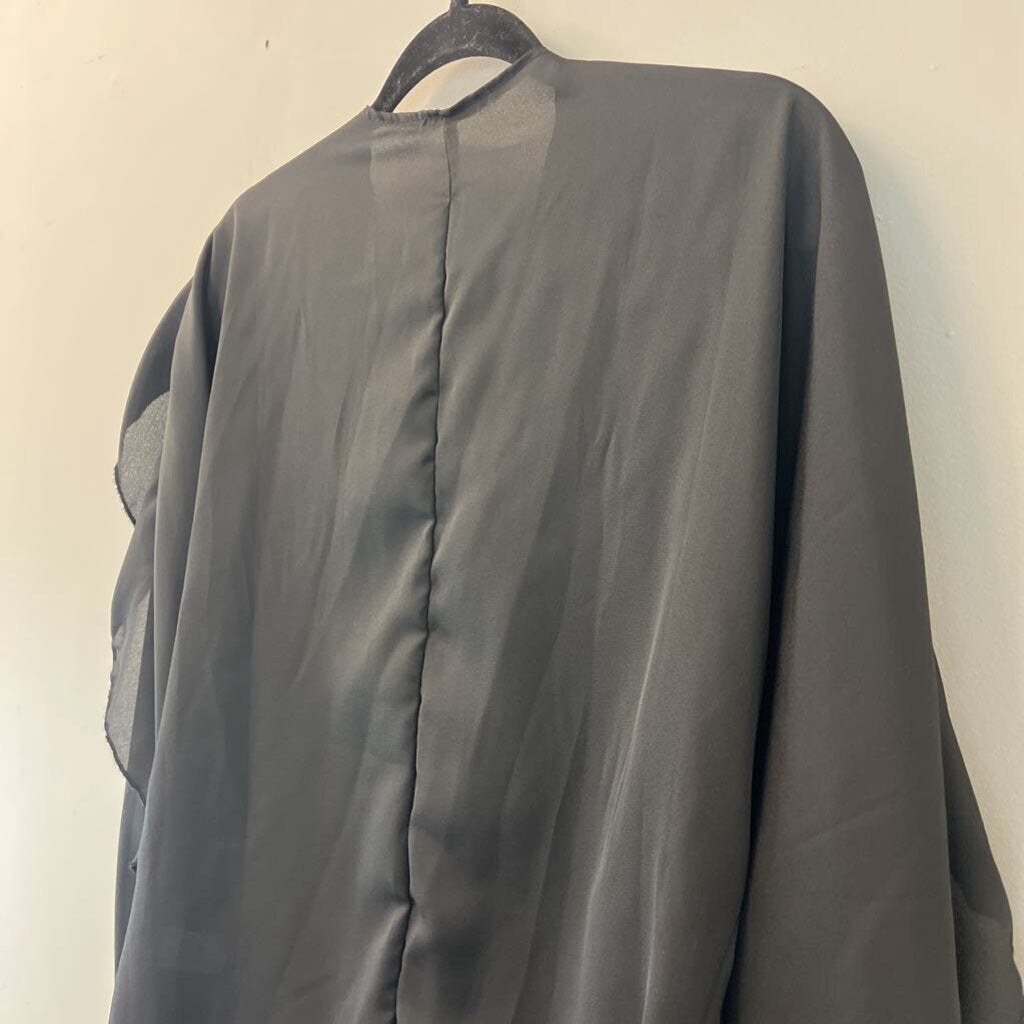 Black Button Front Ruffle Detail Long Sleeve Top Large