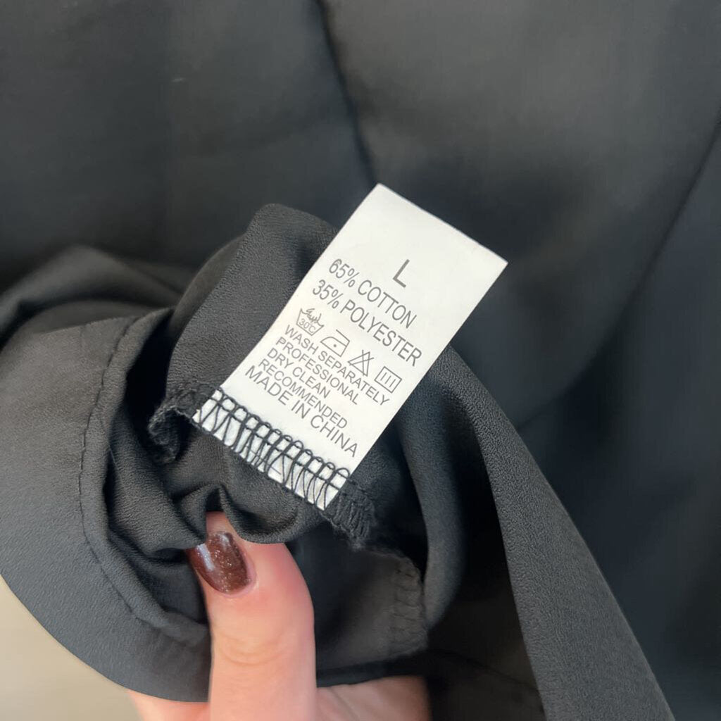 Black Button Front Ruffle Detail Long Sleeve Top Large