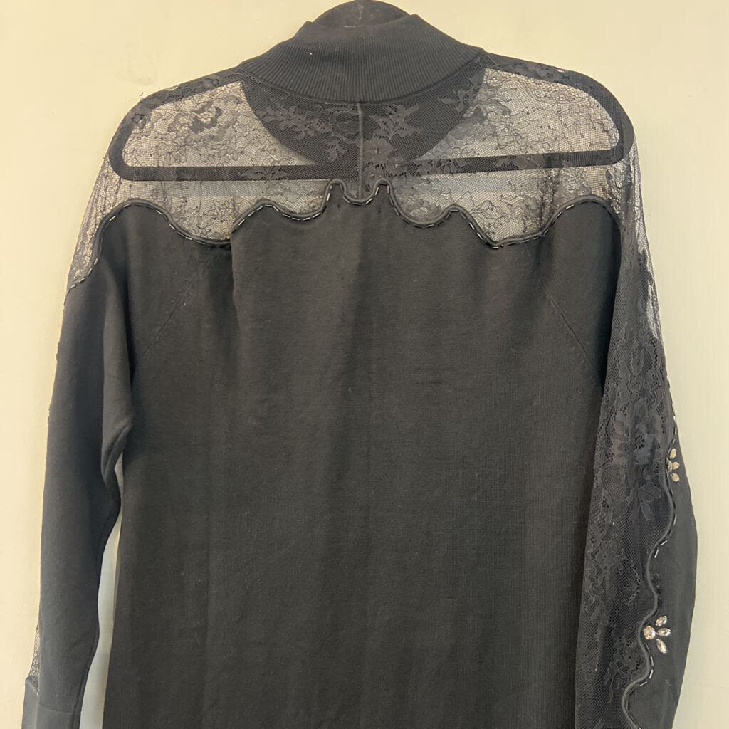 Venus Black Embellished Lace Mockneck Long Sleeve Dress Large