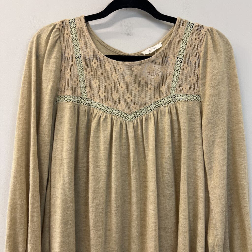 Easel Light Brown Lace Top Detail Long Sleeve Top Small