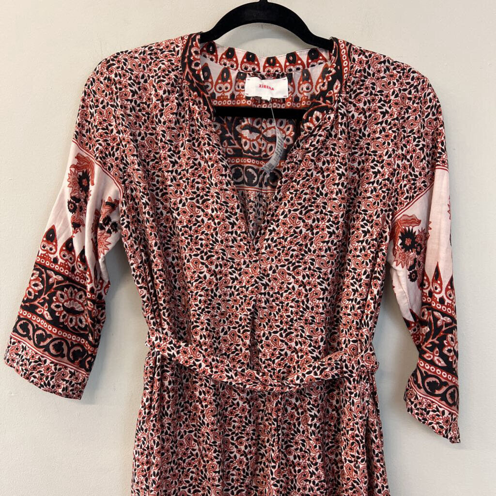 Xirena Black/ Orange Print Long Sleeve Tie Waist Midi Dress Extra Small