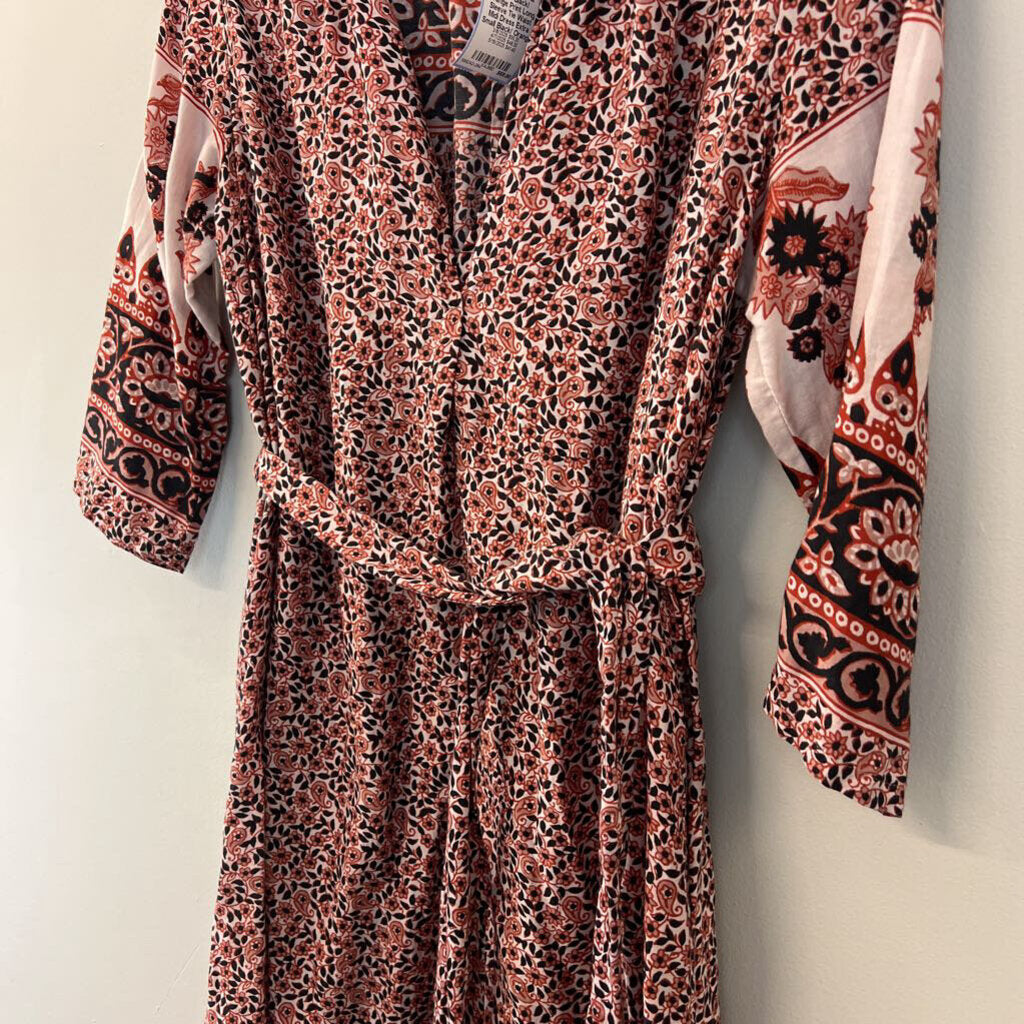 Xirena Black/ Orange Print Long Sleeve Tie Waist Midi Dress Extra Small
