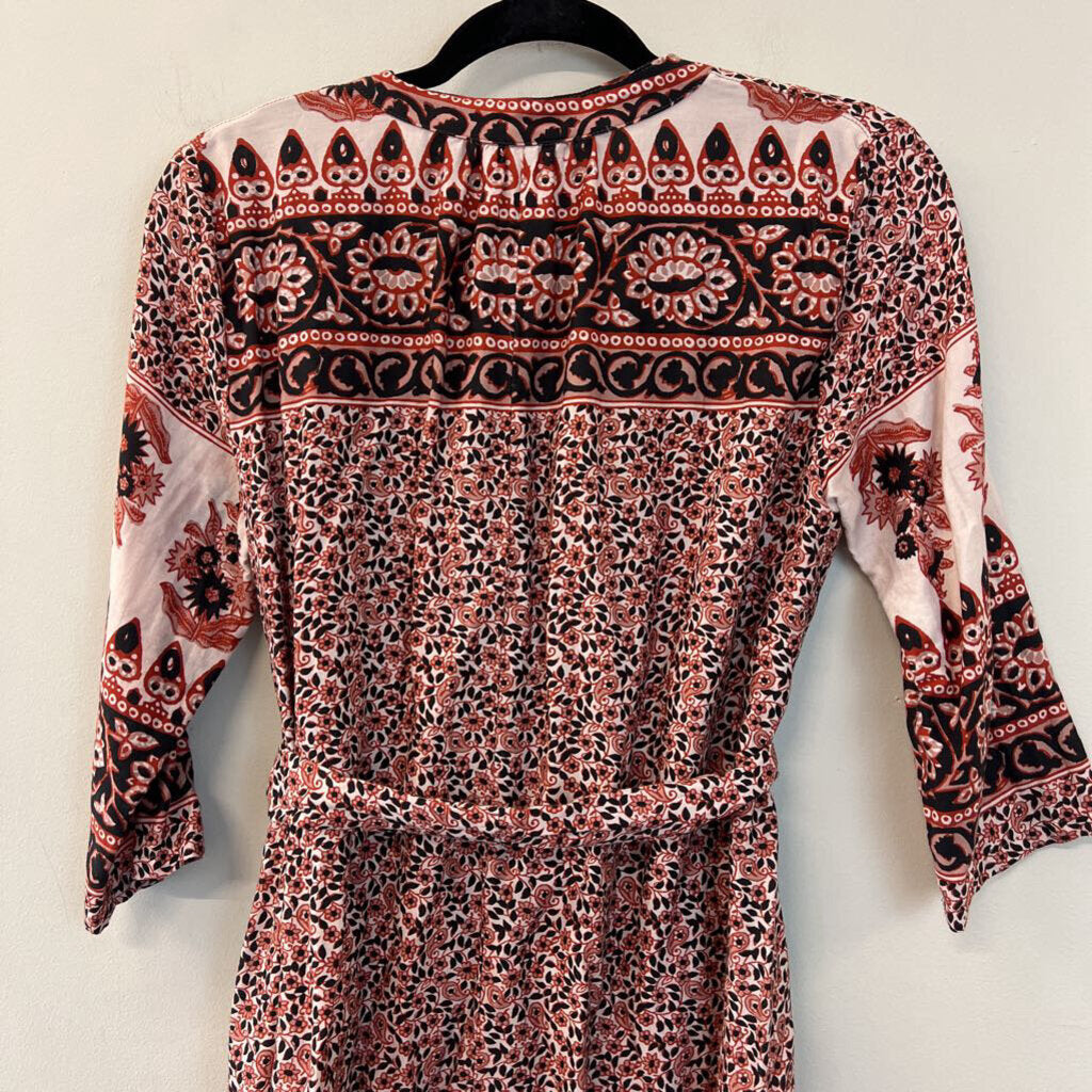 Xirena Black/ Orange Print Long Sleeve Tie Waist Midi Dress Extra Small