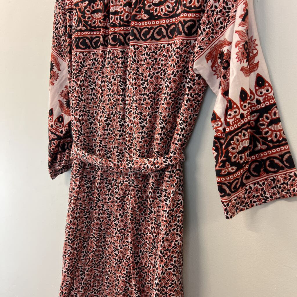 Xirena Black/ Orange Print Long Sleeve Tie Waist Midi Dress Extra Small