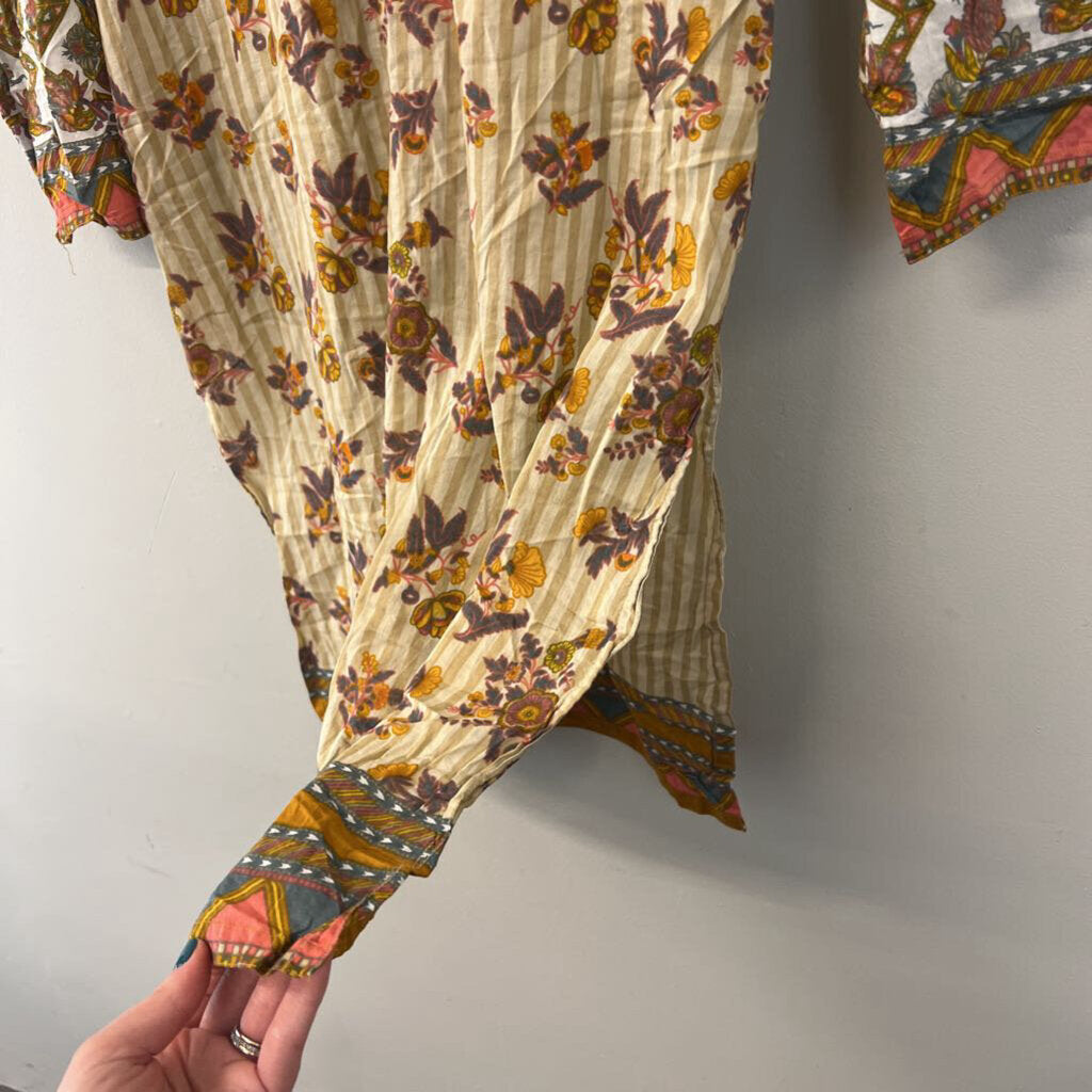 Beige/ Multi Print Long Sleeve Split Sides Tunic Top Medium