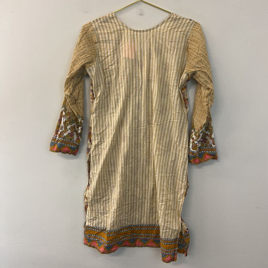 Beige/ Multi Print Long Sleeve Split Sides Tunic Top Medium