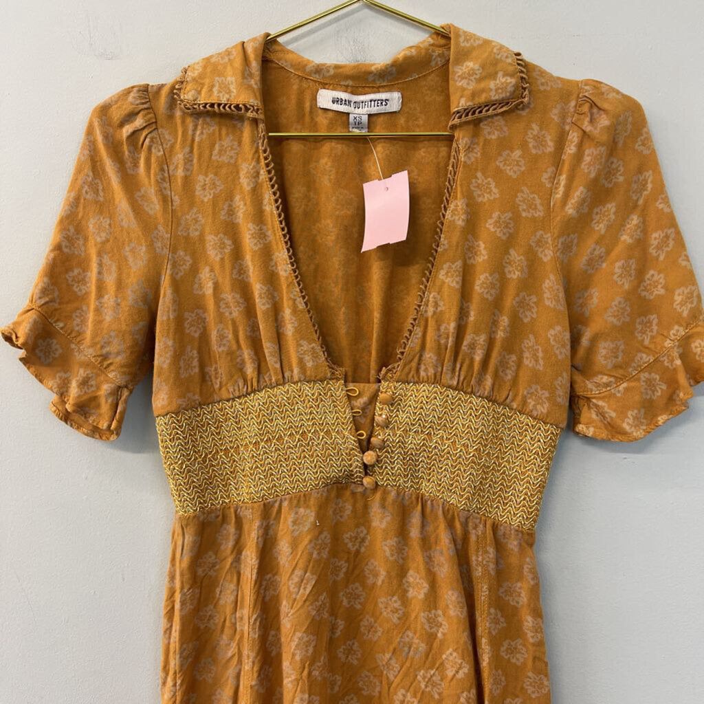 Urban Outfitters Yellow Print Short Sleeve Mini Dress Extra Small