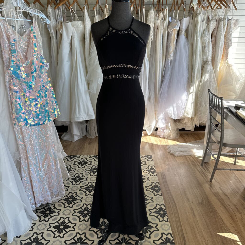 Sequin Hearts Black/ Beige Lace Detail High Neck Long Formal Dress 3
