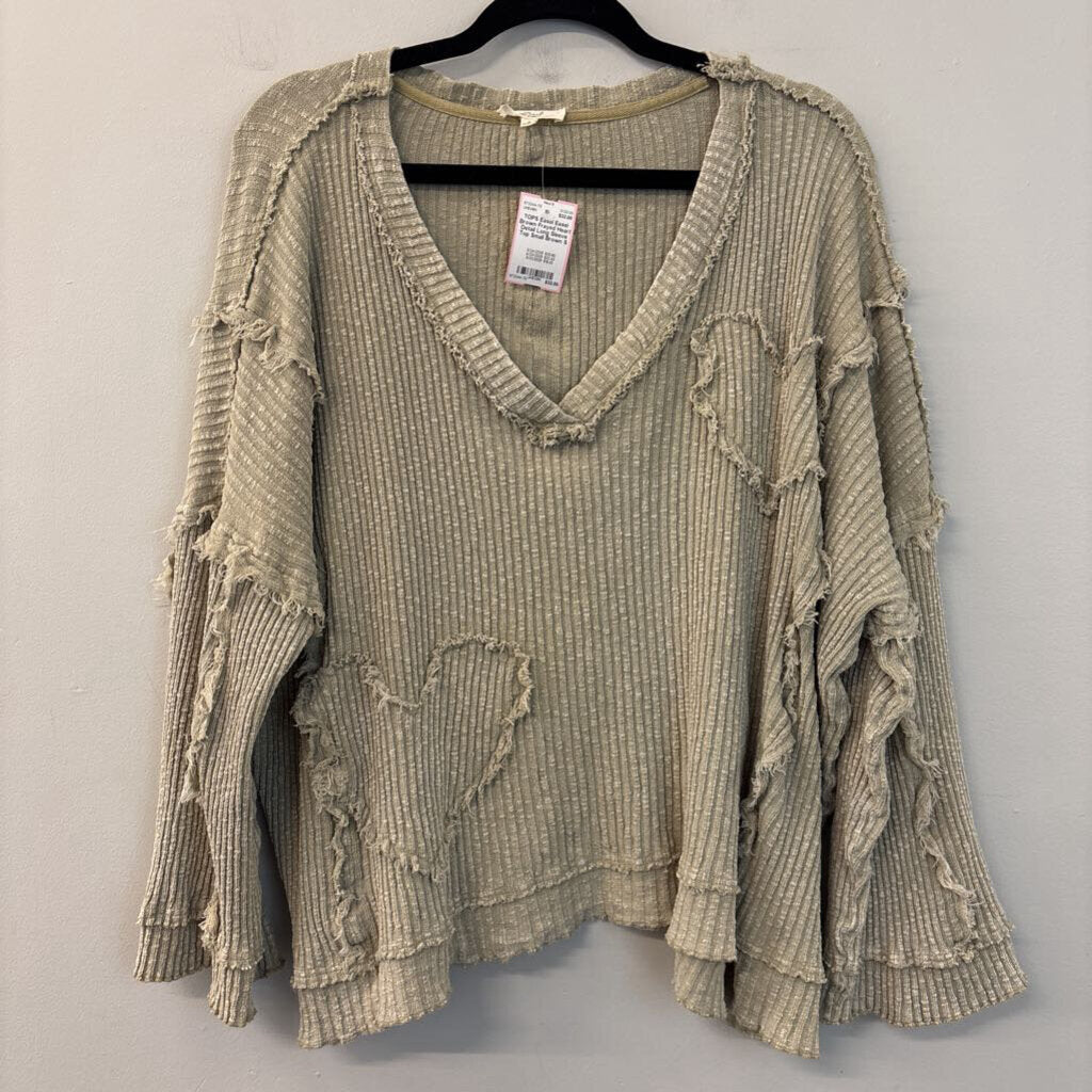 Easel Brown Frayed Heart Detail Long Sleeve Top Small