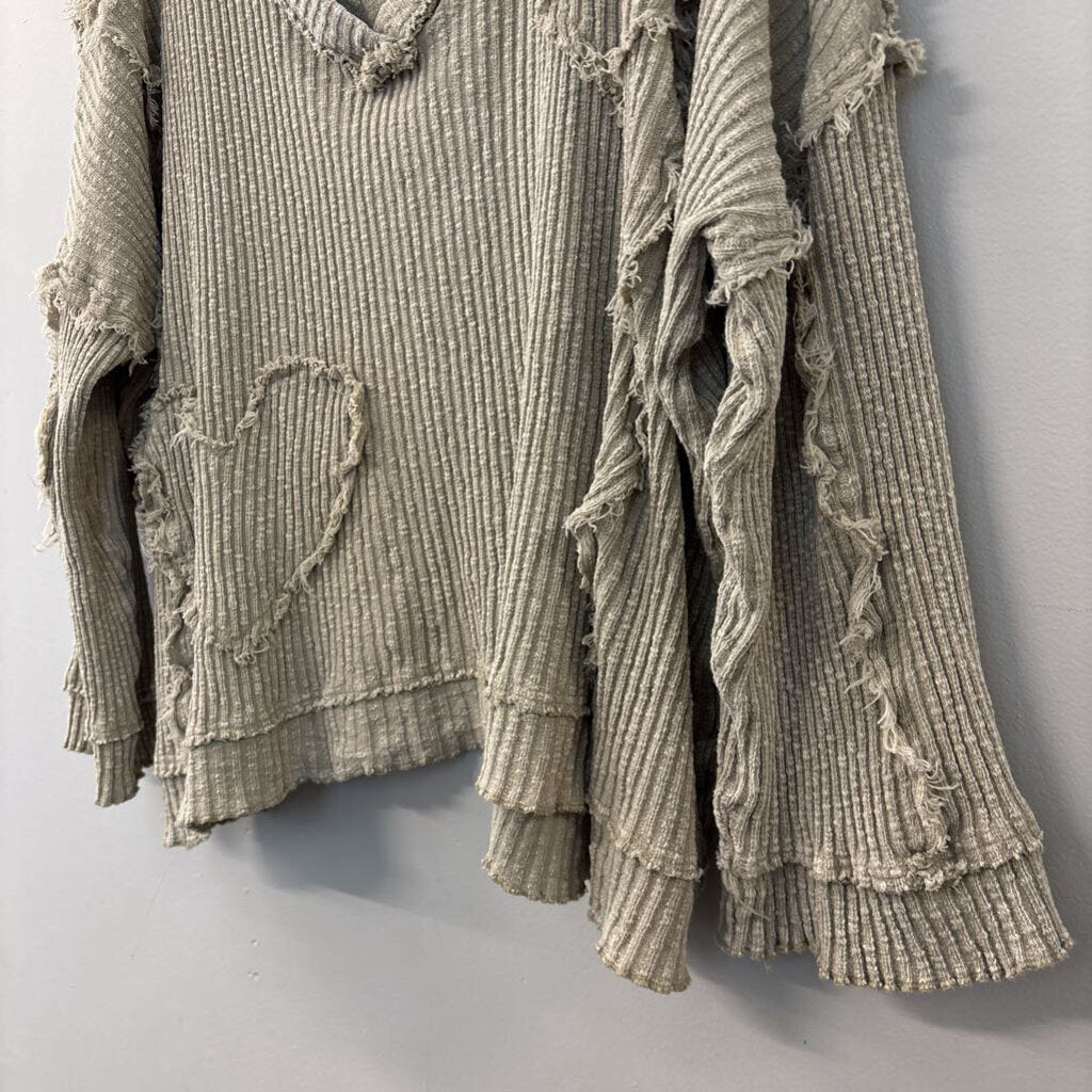Easel Brown Frayed Heart Detail Long Sleeve Top Small