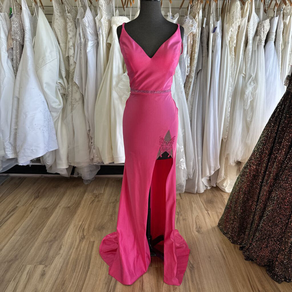 Ellie Wilde Fitted Pink Butterfly Slit Long Formal
