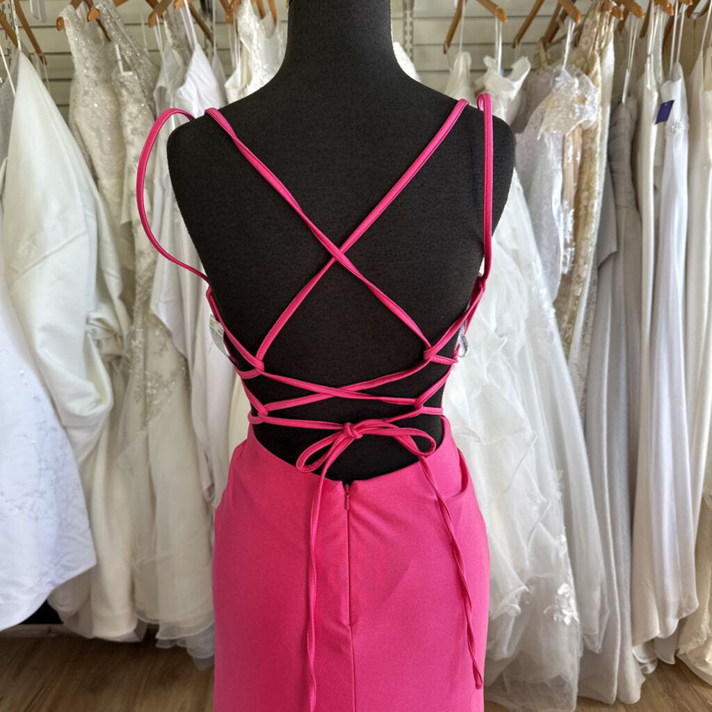 Ellie Wilde Fitted Pink Butterfly Slit Long Formal