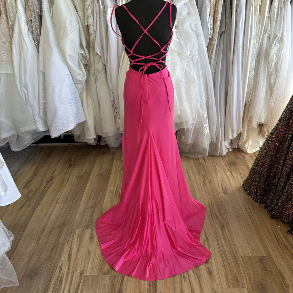 Ellie Wilde Fitted Pink Butterfly Slit Long Formal