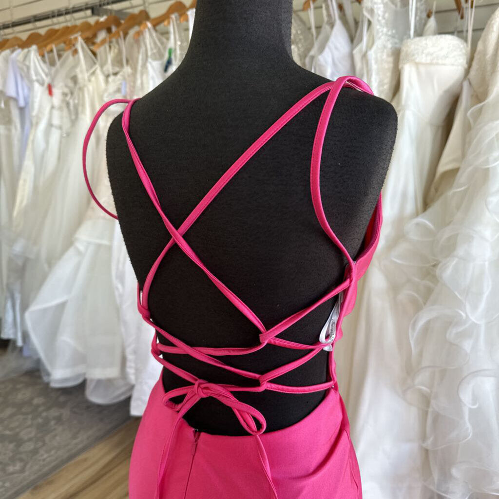 Ellie Wilde Fitted Pink Butterfly Slit Long Formal