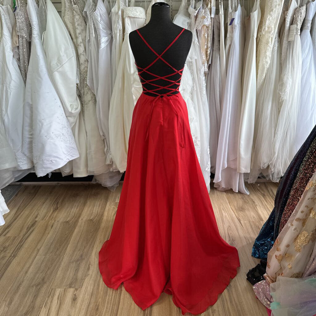Studio 17 Red Lace-Up Back Chiffon Long Formal 12