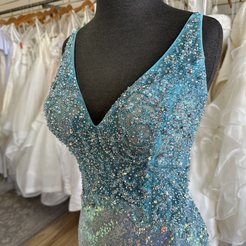 Ellie Wilde Light Blue Shimmer Fitted Long Formal 12