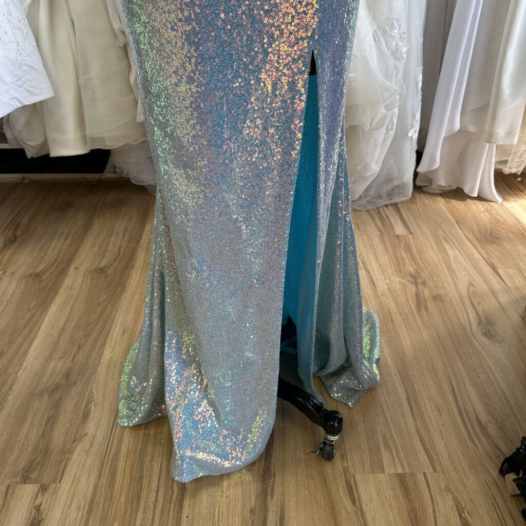 Ellie Wilde Light Blue Shimmer Fitted Long Formal 12