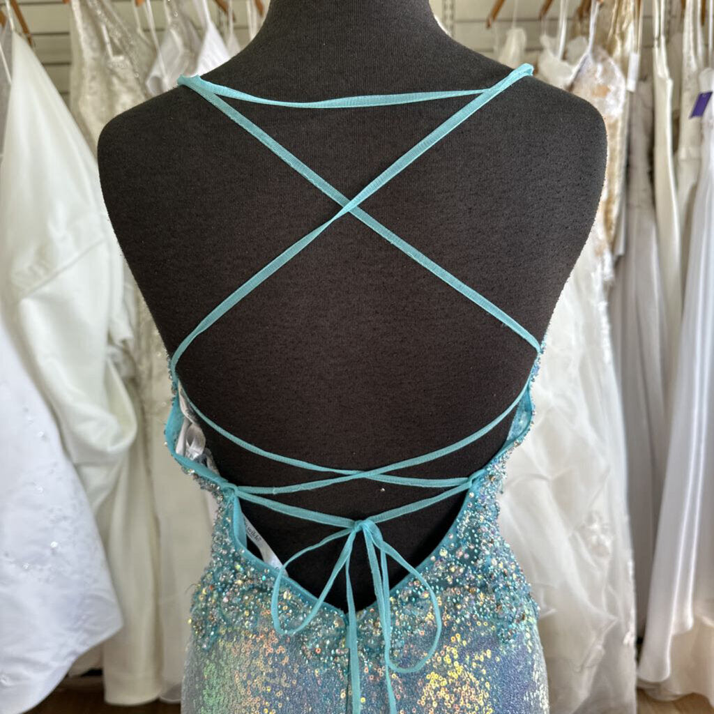 Ellie Wilde Light Blue Shimmer Fitted Long Formal 12