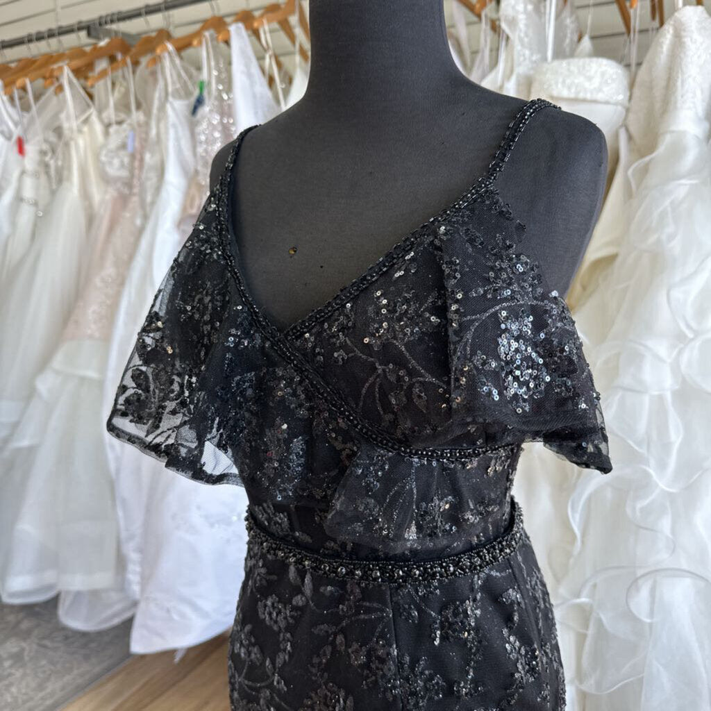 Ellie Wilde Black Sequin Ruffle Long Formal 6