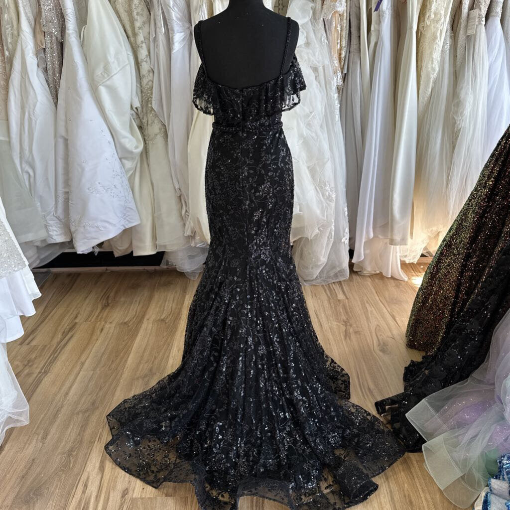 Ellie Wilde Black Sequin Ruffle Long Formal 6