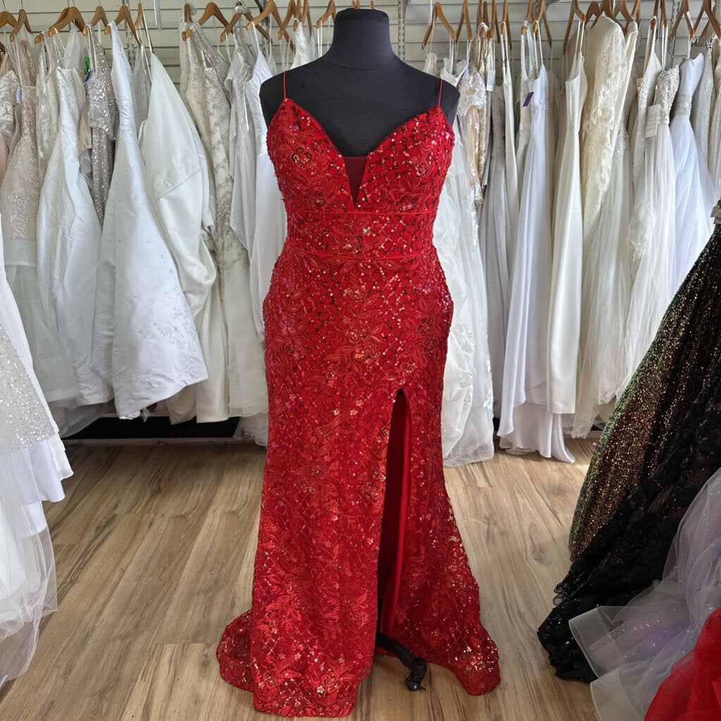 Ellie Wilde Red Sequin Fitted Long Gown 18