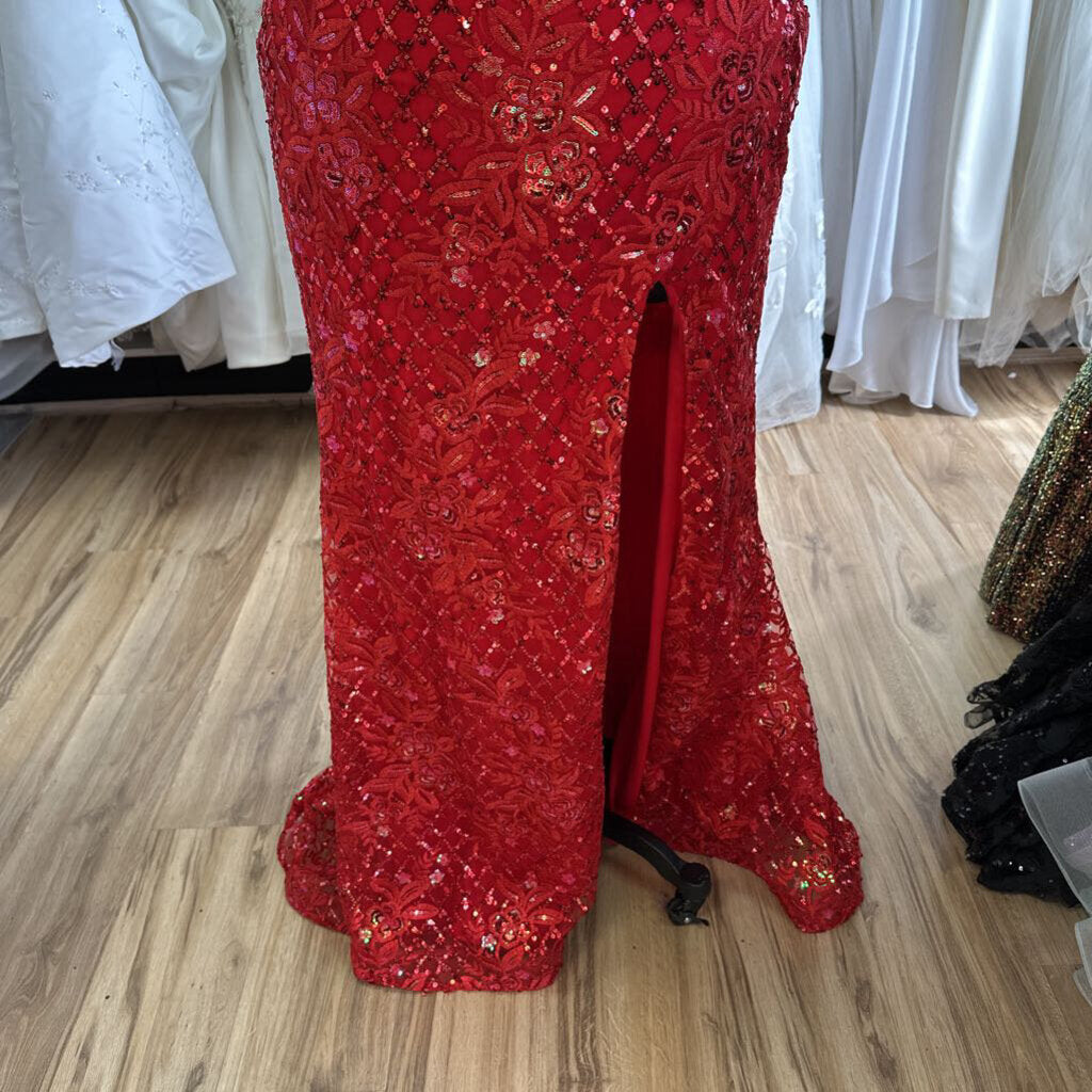 Ellie Wilde Red Sequin Fitted Long Gown 18