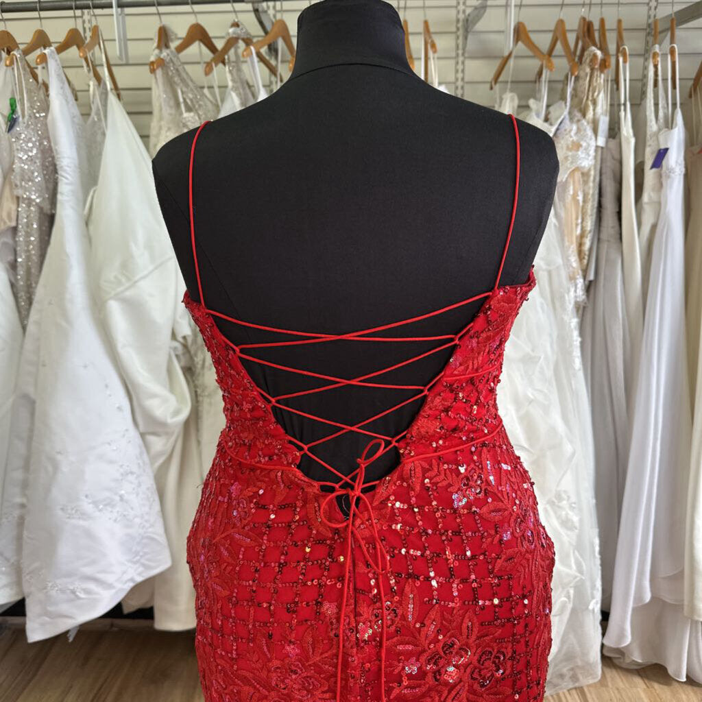 Ellie Wilde Red Sequin Fitted Long Gown 18