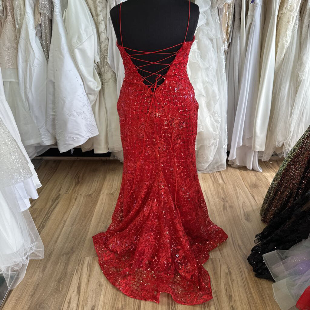 Ellie Wilde Red Sequin Fitted Long Gown 18
