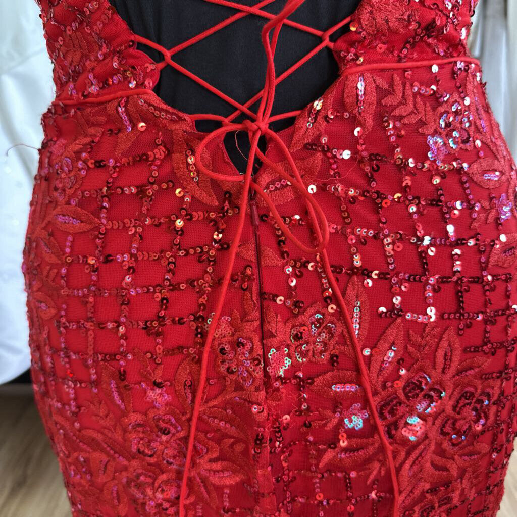 Ellie Wilde Red Sequin Fitted Long Gown 18