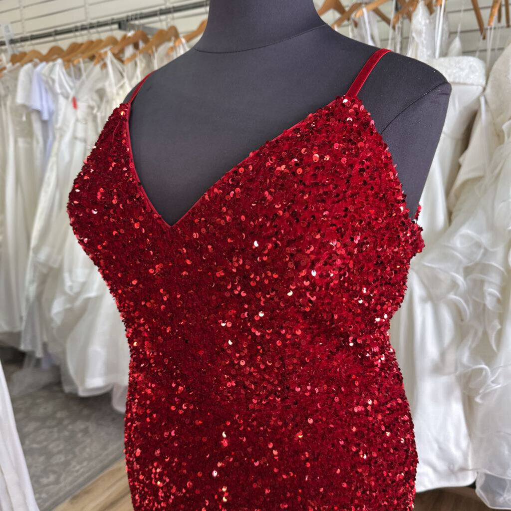 Christina Wu Red Sequin Velvet Long Formal 24