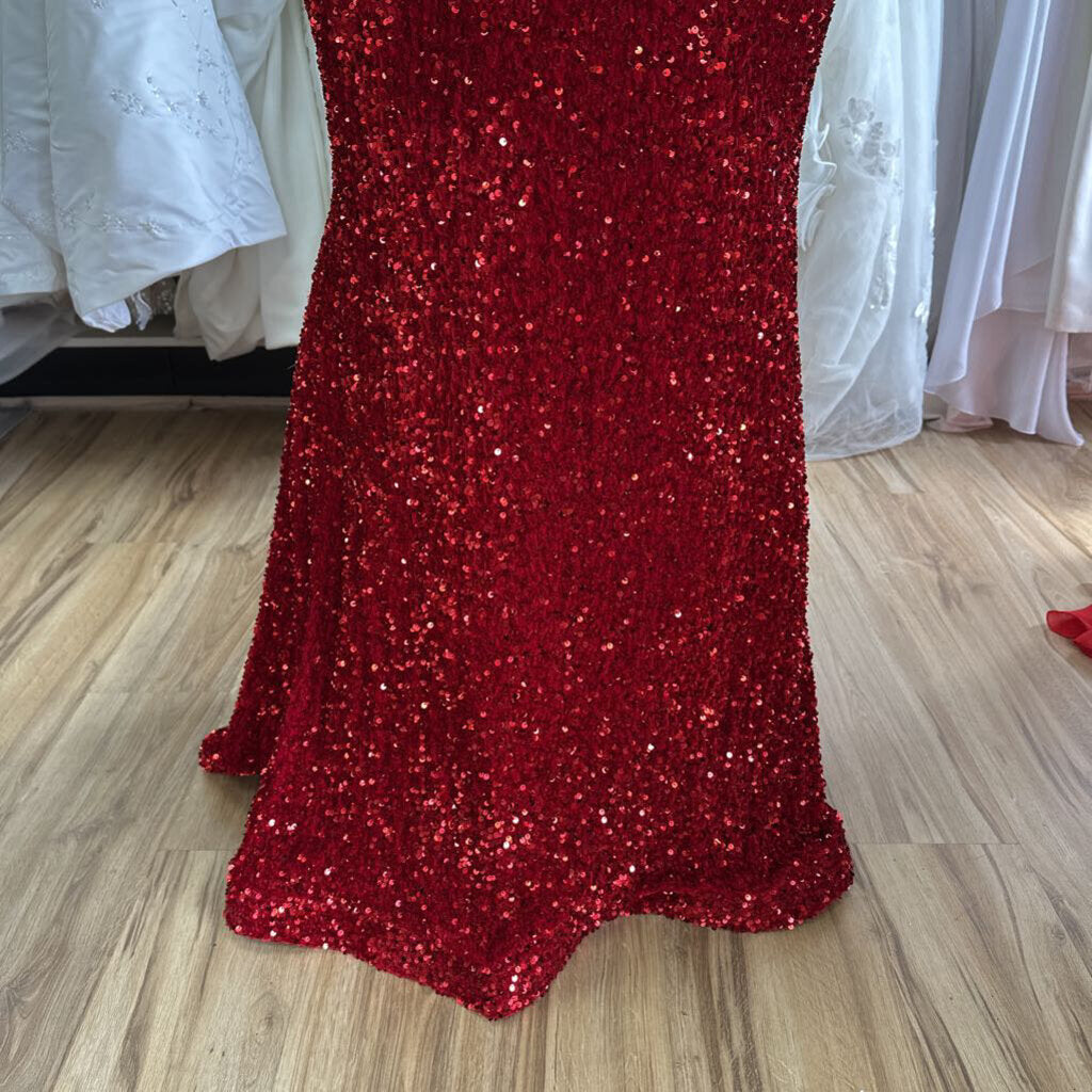 Christina Wu Red Sequin Velvet Long Formal 24