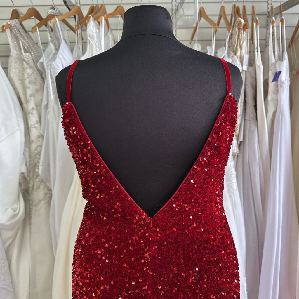 Christina Wu Red Sequin Velvet Long Formal 24