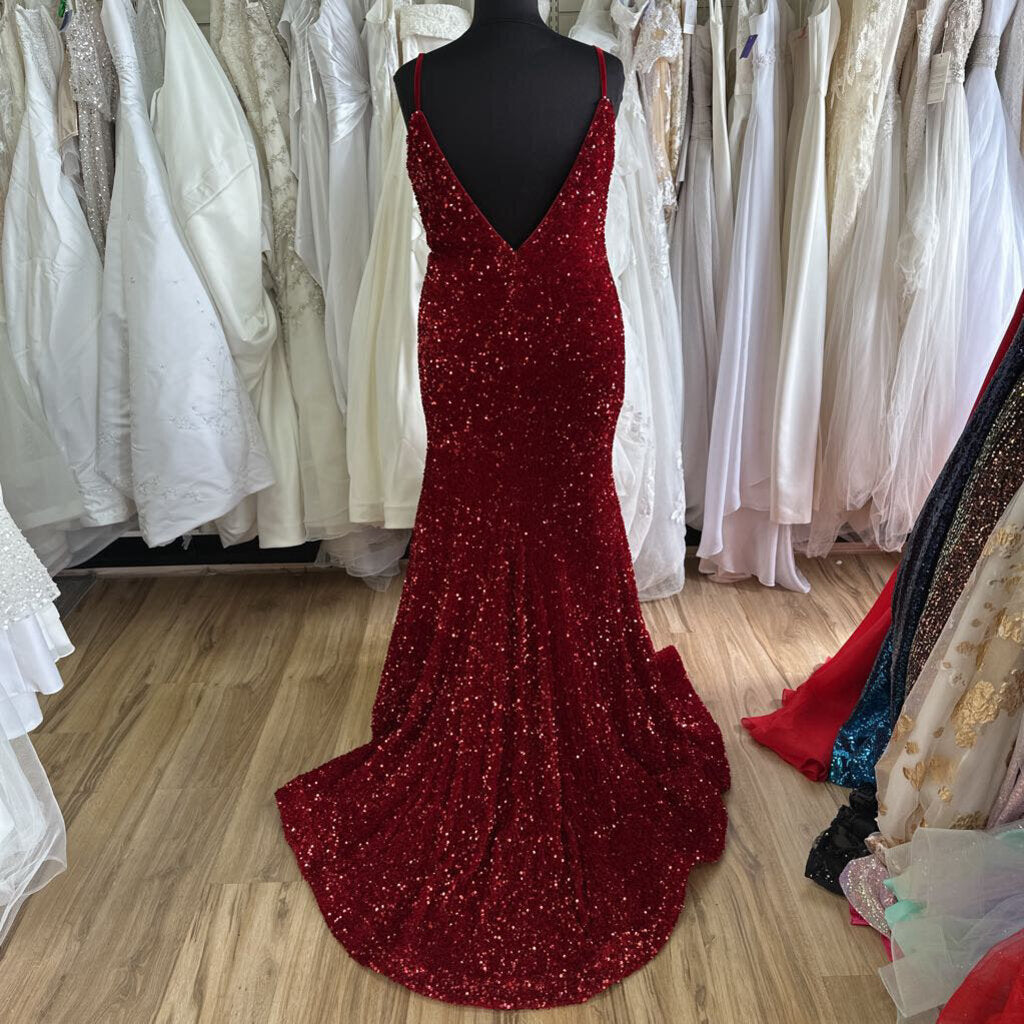 Christina Wu Red Sequin Velvet Long Formal 24