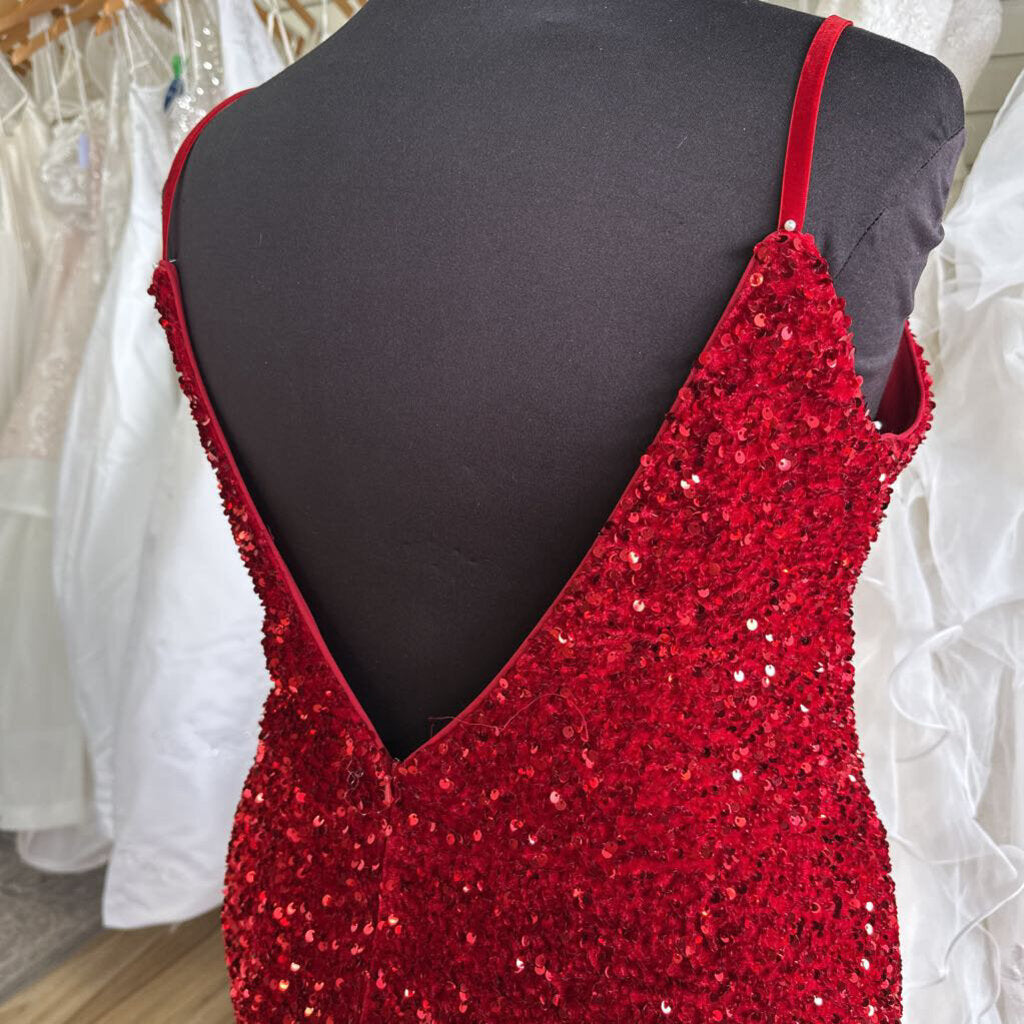 Christina Wu Red Sequin Velvet Long Formal 24