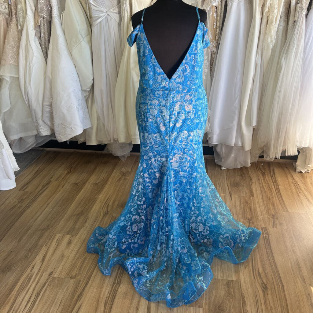 Christina Wu Bright Blue Shimmer Off Shoulder Long Formal 28