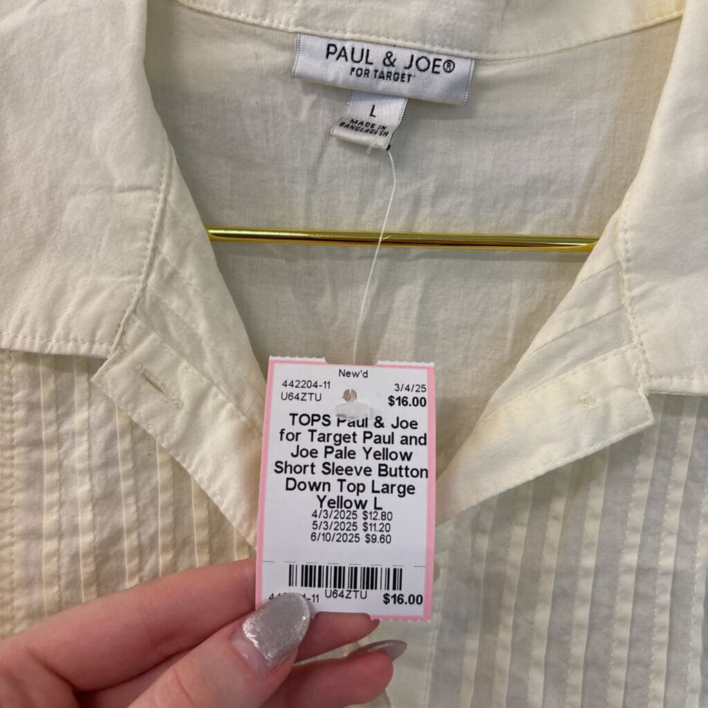 Paul and Joe Pale Yellow Short Sleeve Button Down Top Large