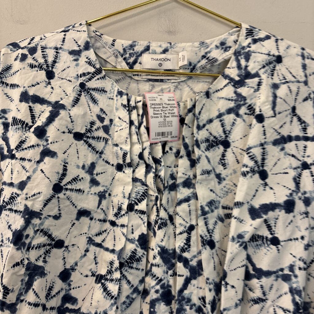 Thakoon Blue/ White Print Short Puff Sleeve Tie Waist Dress 1X