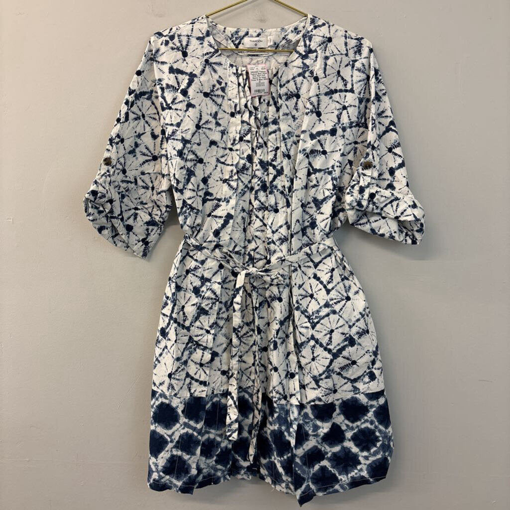 Thakoon Blue/ White Print Short Puff Sleeve Tie Waist Dress 1X