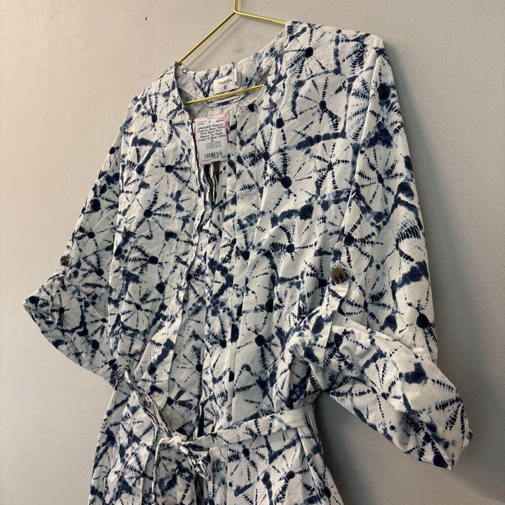 Thakoon Blue/ White Print Short Puff Sleeve Tie Waist Dress 1X