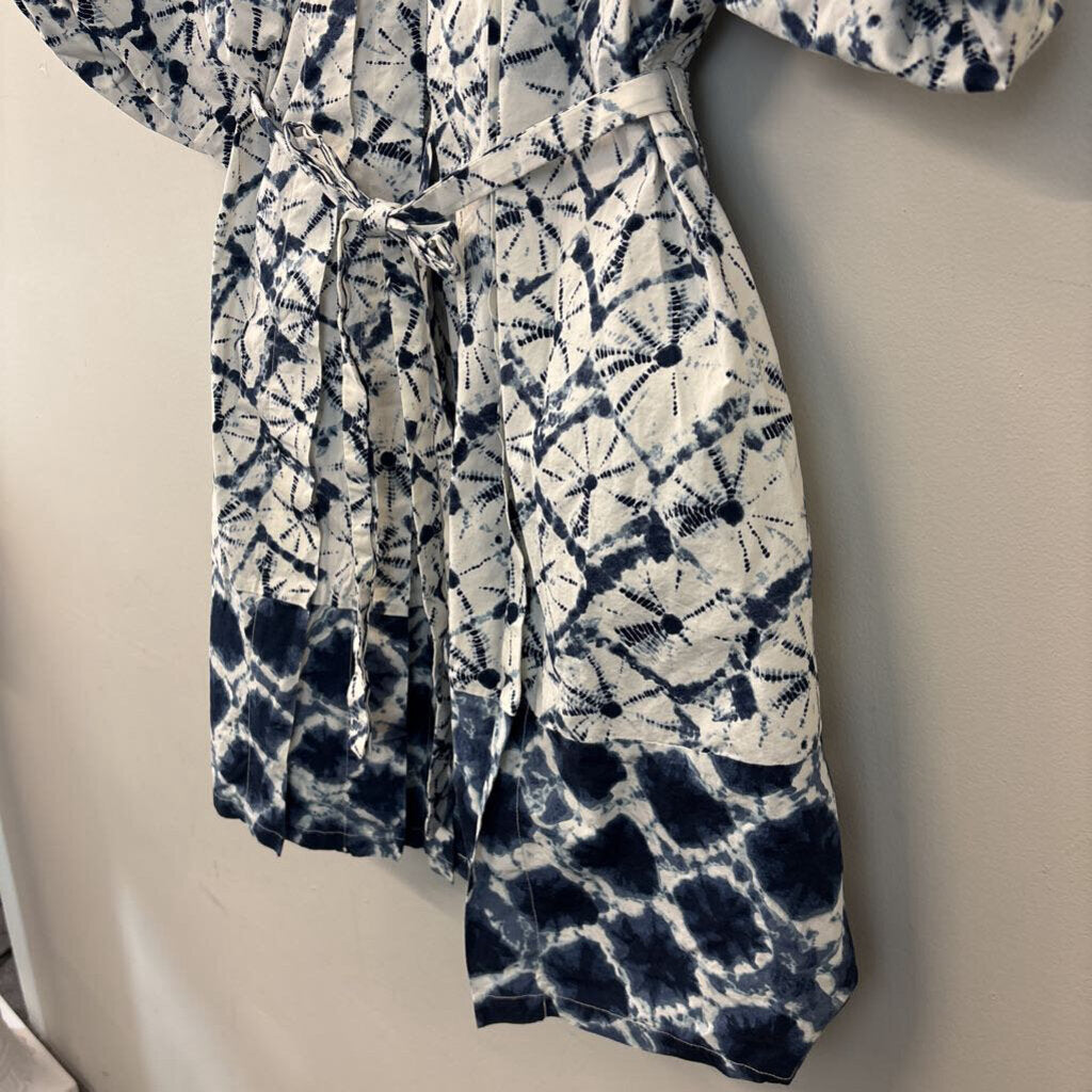 Thakoon Blue/ White Print Short Puff Sleeve Tie Waist Dress 1X