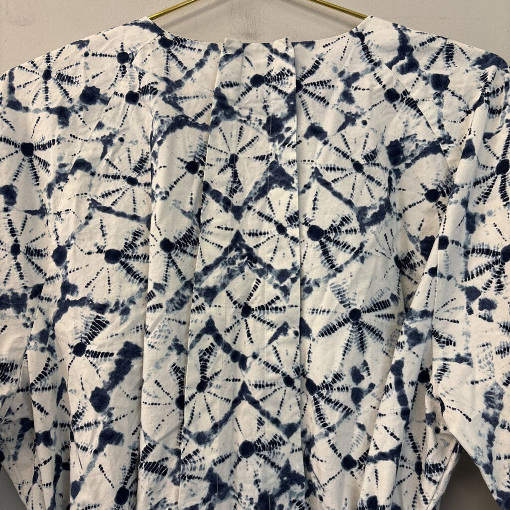 Thakoon Blue/ White Print Short Puff Sleeve Tie Waist Dress 1X