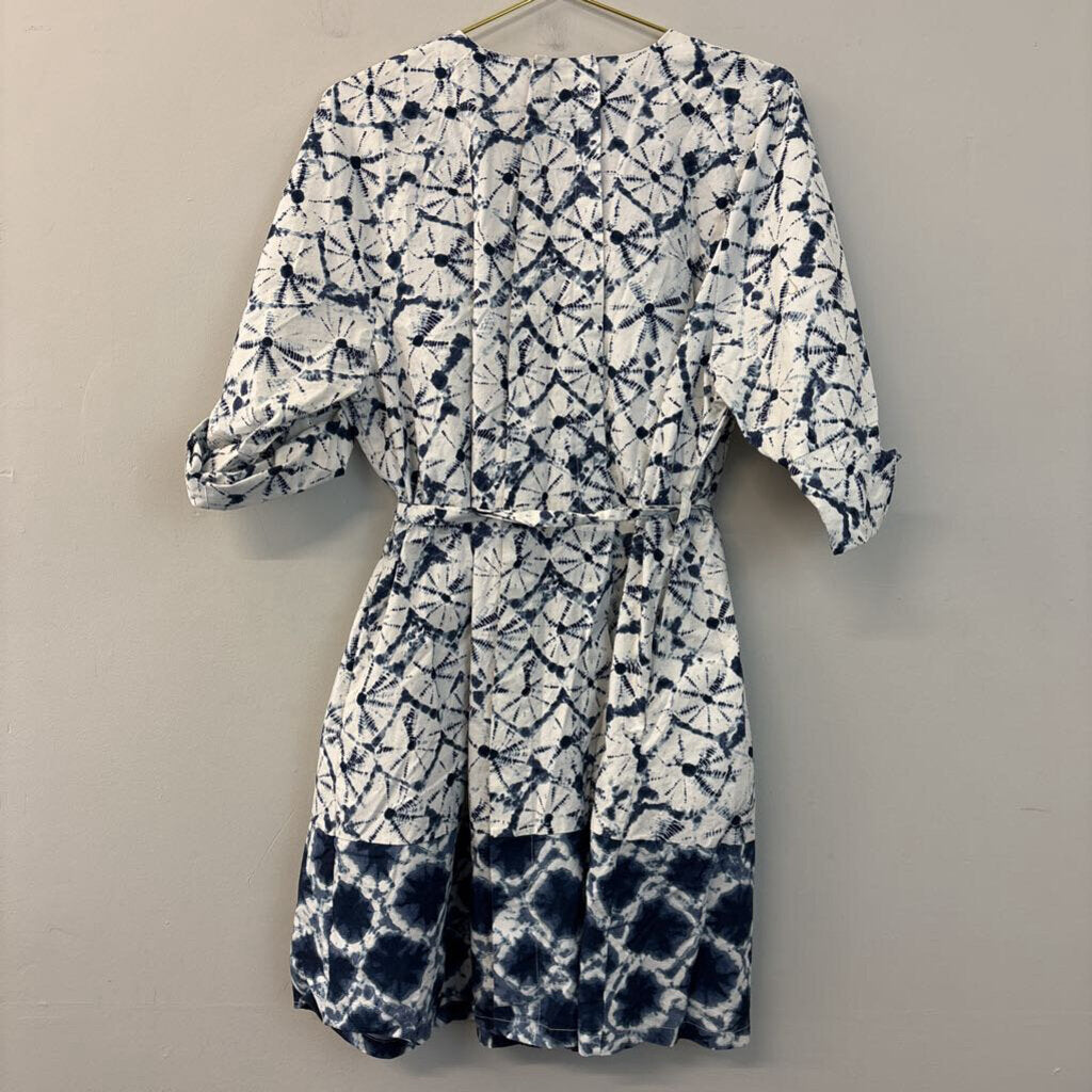 Thakoon Blue/ White Print Short Puff Sleeve Tie Waist Dress 1X