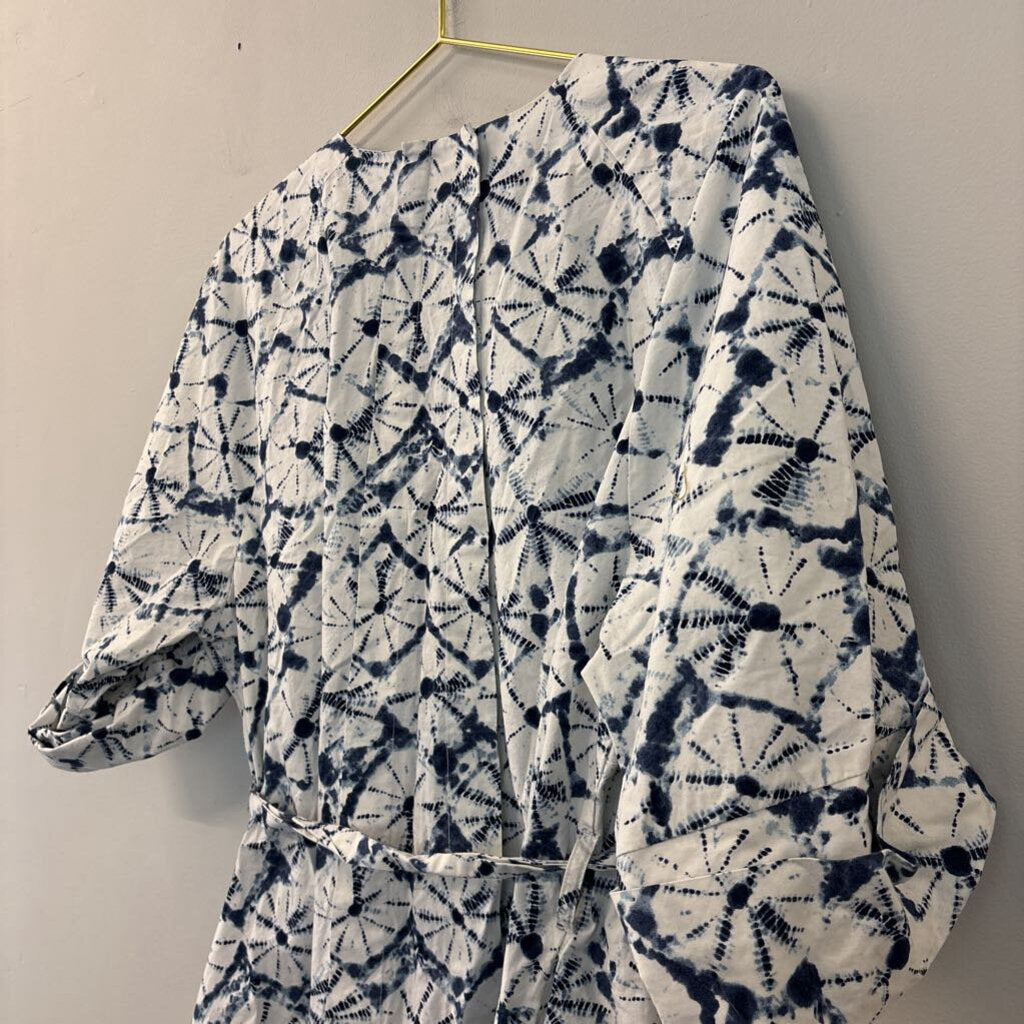 Thakoon Blue/ White Print Short Puff Sleeve Tie Waist Dress 1X