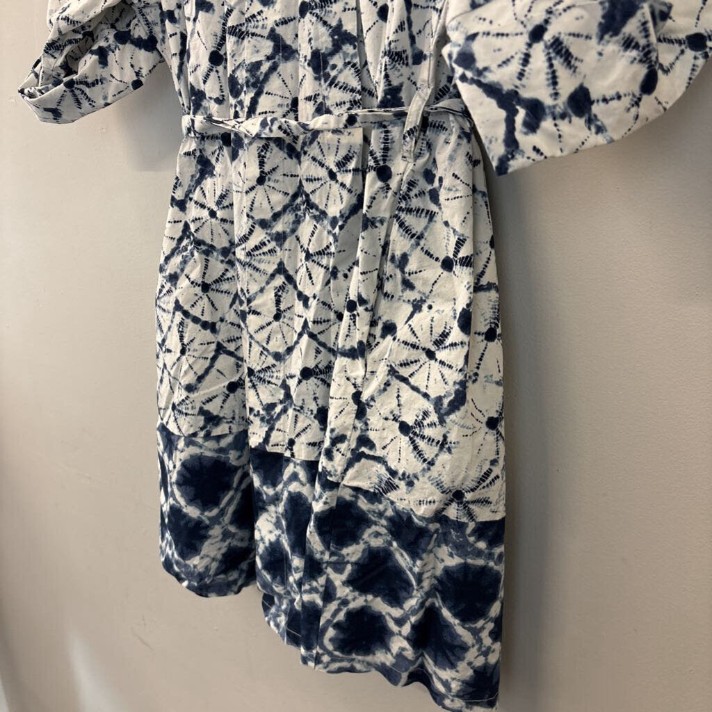 Thakoon Blue/ White Print Short Puff Sleeve Tie Waist Dress 1X