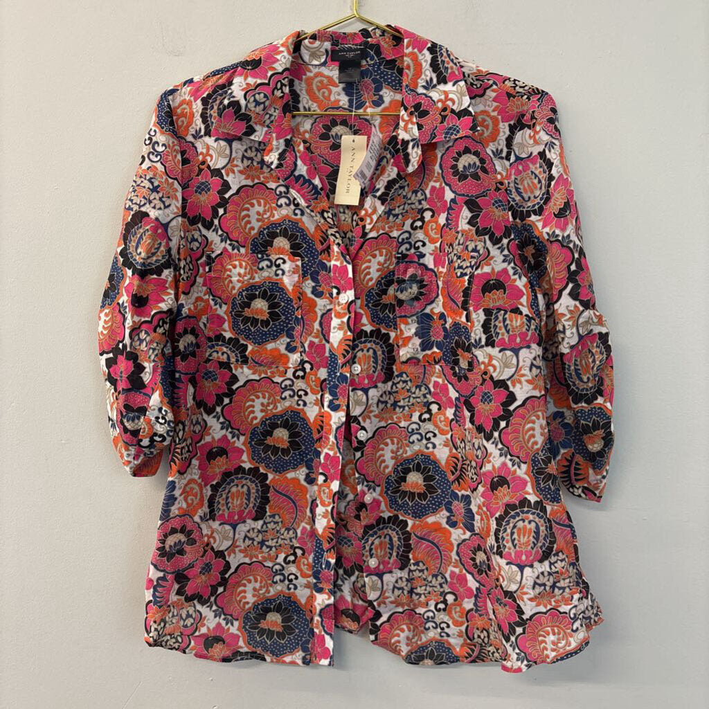 Ann Taylor Pink/ Multi Print Button Down Top 12