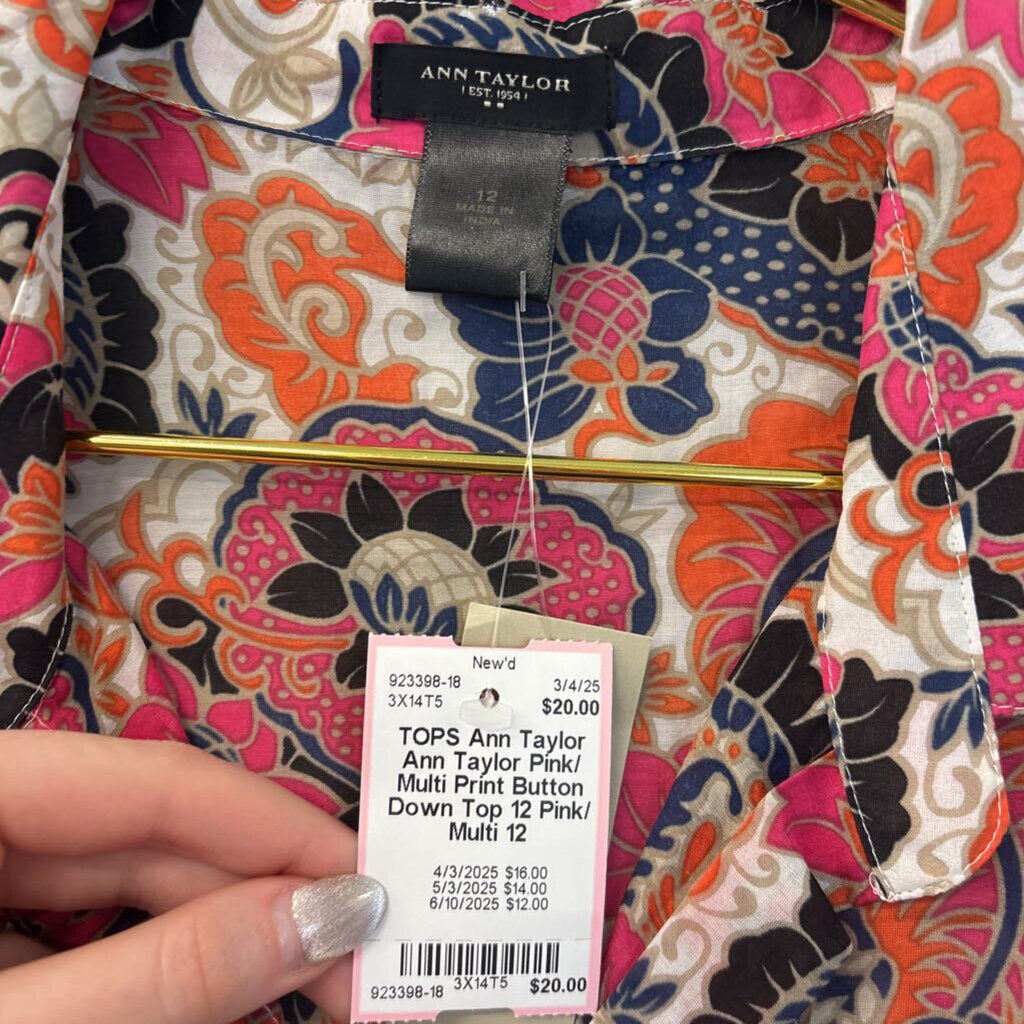 Ann Taylor Pink/ Multi Print Button Down Top 12